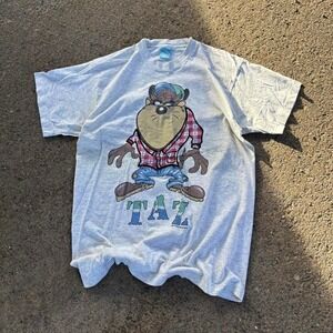 Vintage 1994 90's Looney Tunes Tasmanian Devil grey single stitch lumberjack L